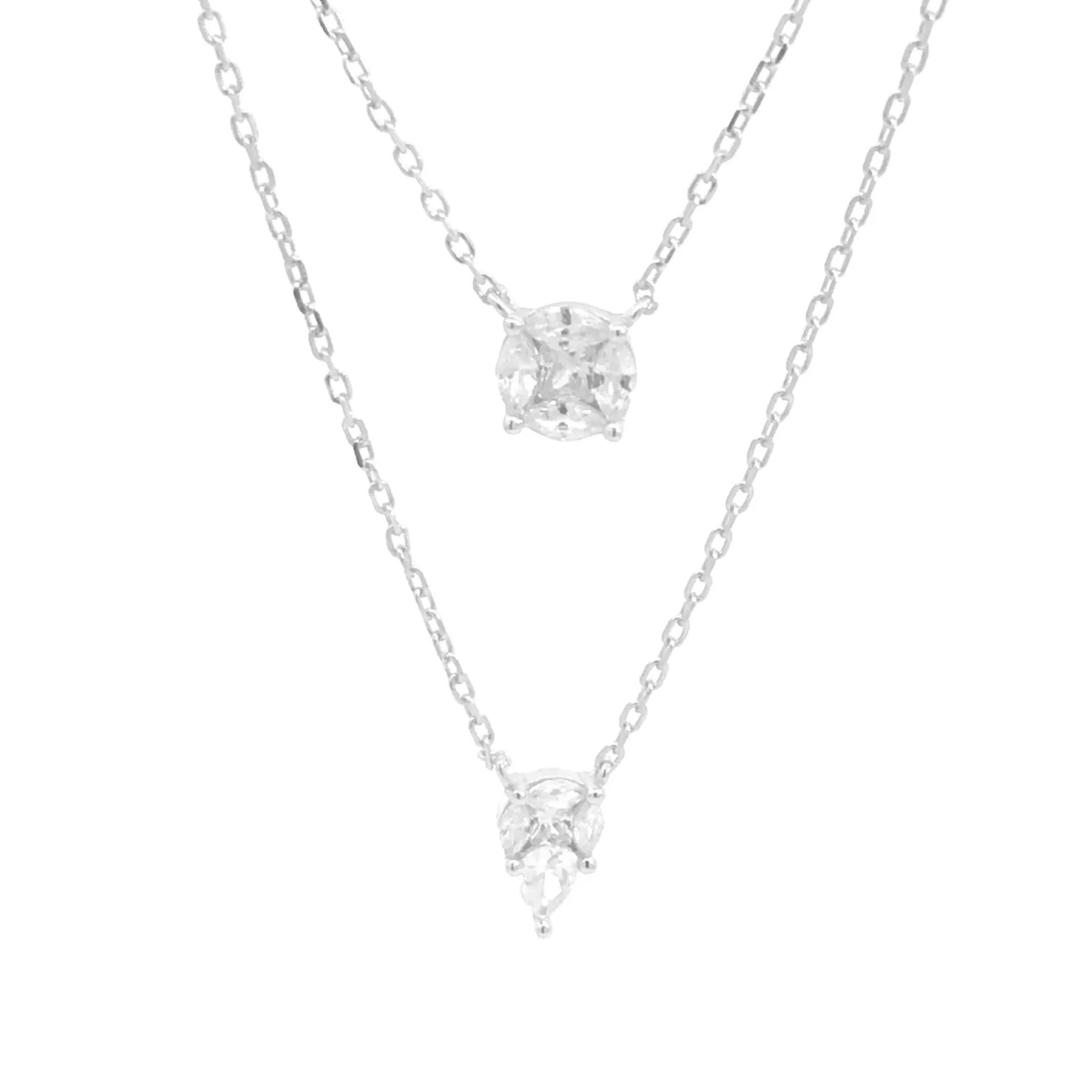 Layered Daytime Necklace, .925 Stelring Silver Round and Pear Diamond CZ Hypoallergenic, Waterproof Double Layer Necklace