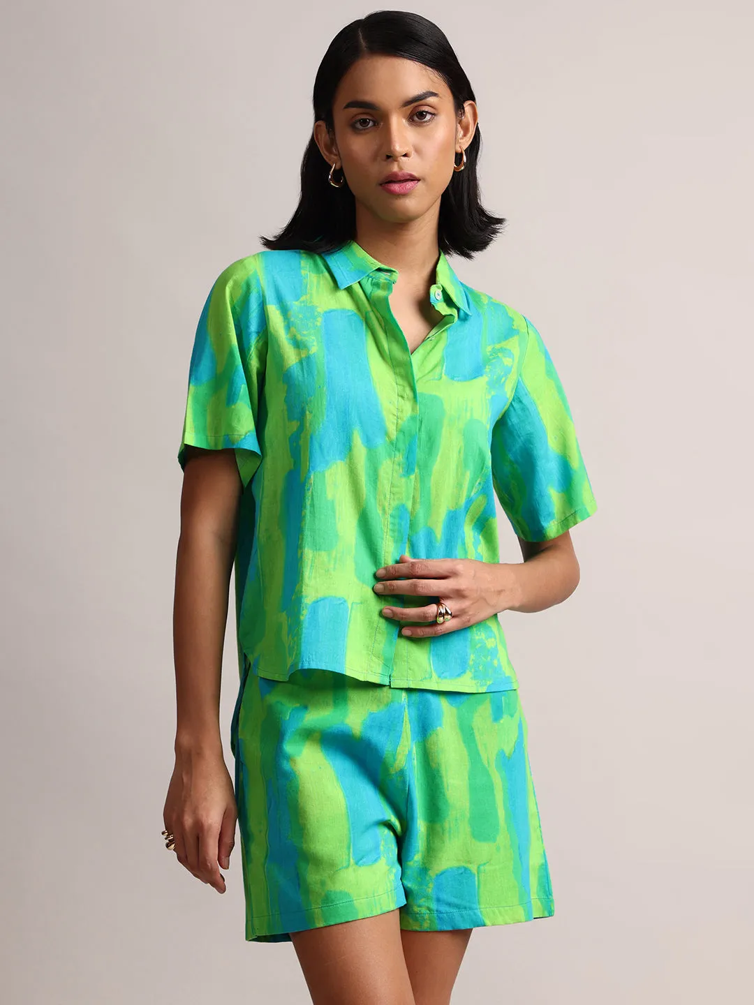 Lime Cotton Abstract Shirt Style Co-Ord Set