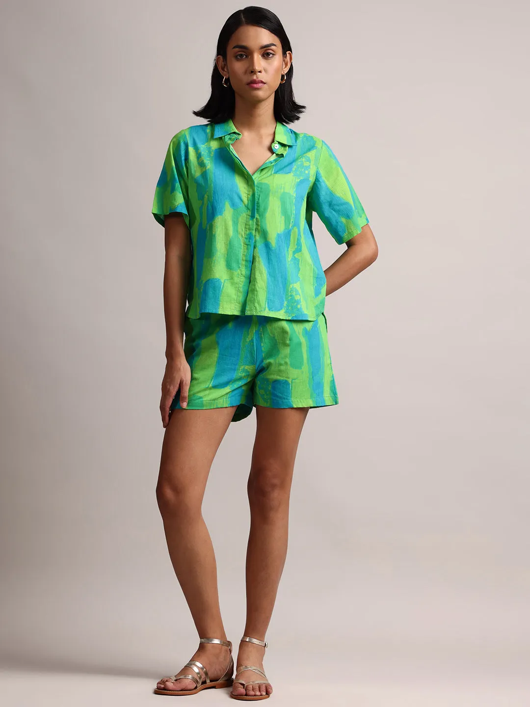 Lime Cotton Abstract Shirt Style Co-Ord Set