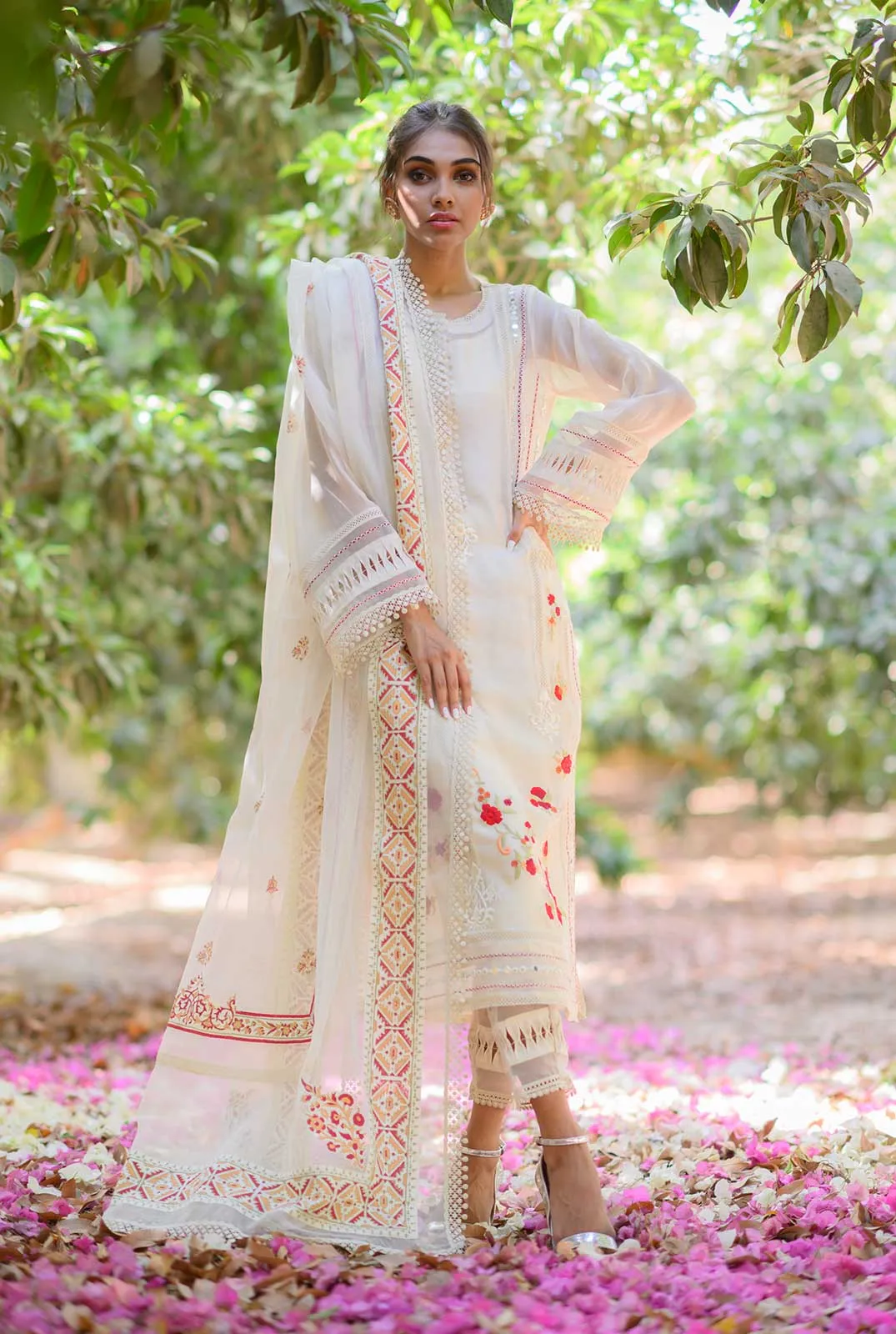 Embroidered Silk Karandi Long Kurta with Block Print Dupatta - Luxury Pret Collection