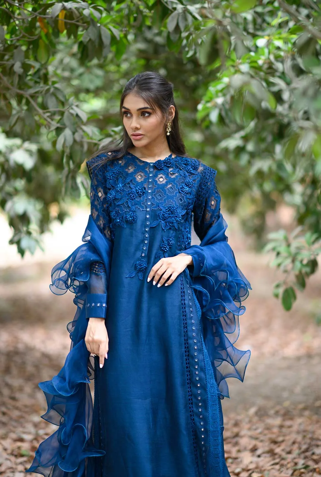 Luxury Pret- Self Embroidered Long Shirt With Statement Dupatta