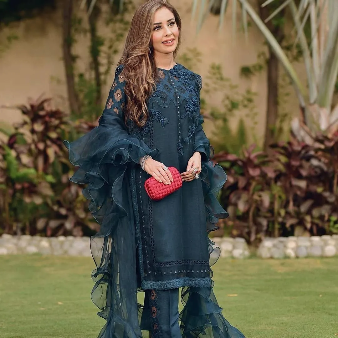 Luxury Pret- Self Embroidered Long Shirt With Statement Dupatta