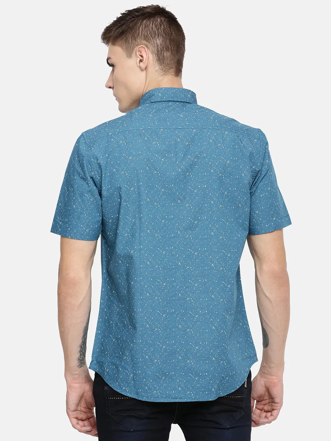 MEN'S BLUE ABSTRACT PRINT SLIM FIT SHIRT