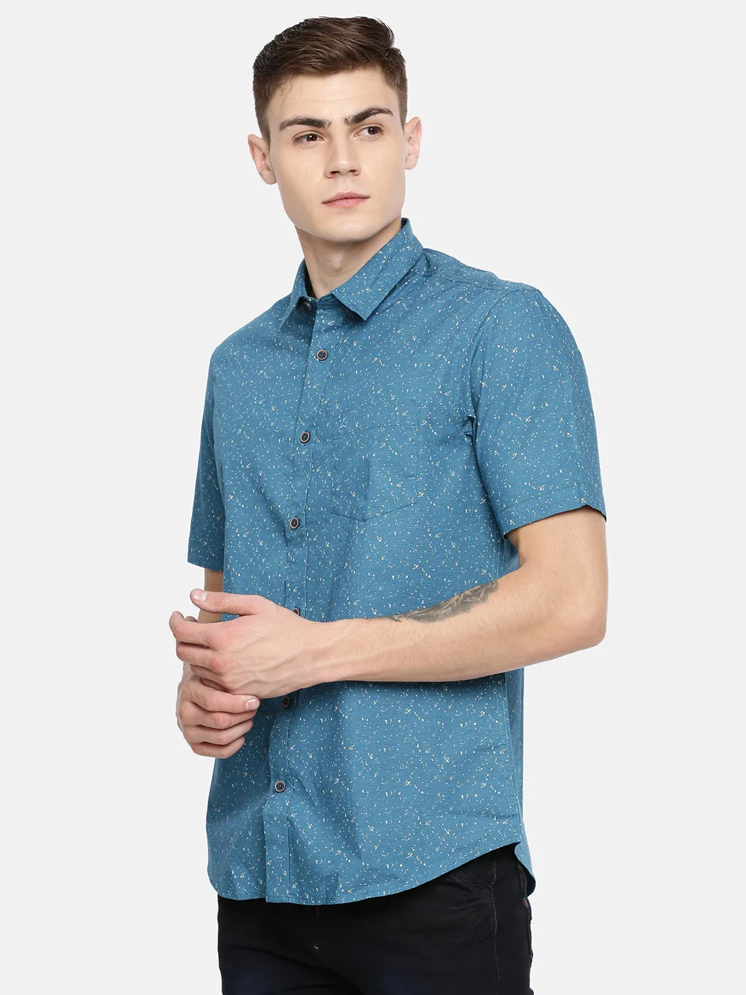 MEN'S BLUE ABSTRACT PRINT SLIM FIT SHIRT