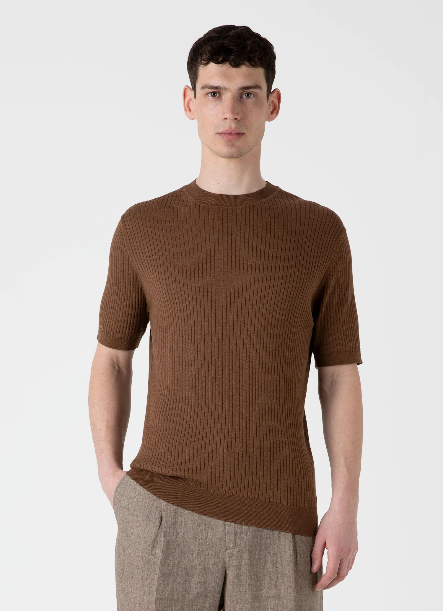 Men's Fine Rib Silk Cotton T-shirt in Dark Sand