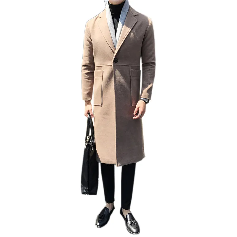 Minimal Elegant One Button Style Men Long Coat with Two Side Pockets Detail