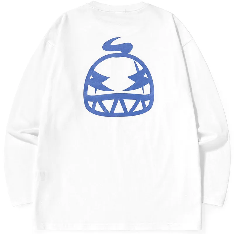 Minimalist Cartoon Print Drop-Shoulder Long Sleeve T-Shirt