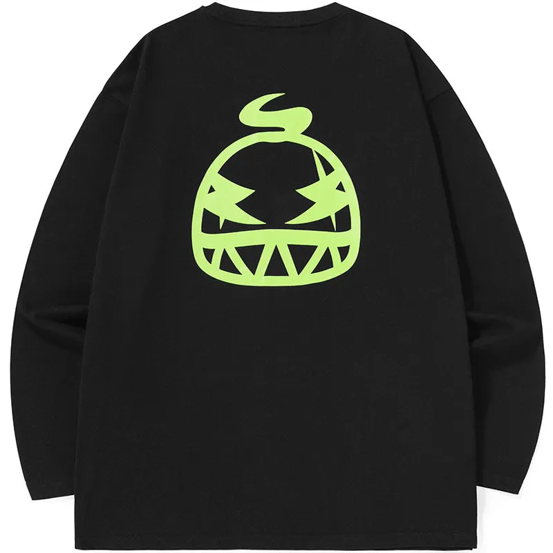 Minimalist Cartoon Print Drop-Shoulder Long Sleeve T-Shirt