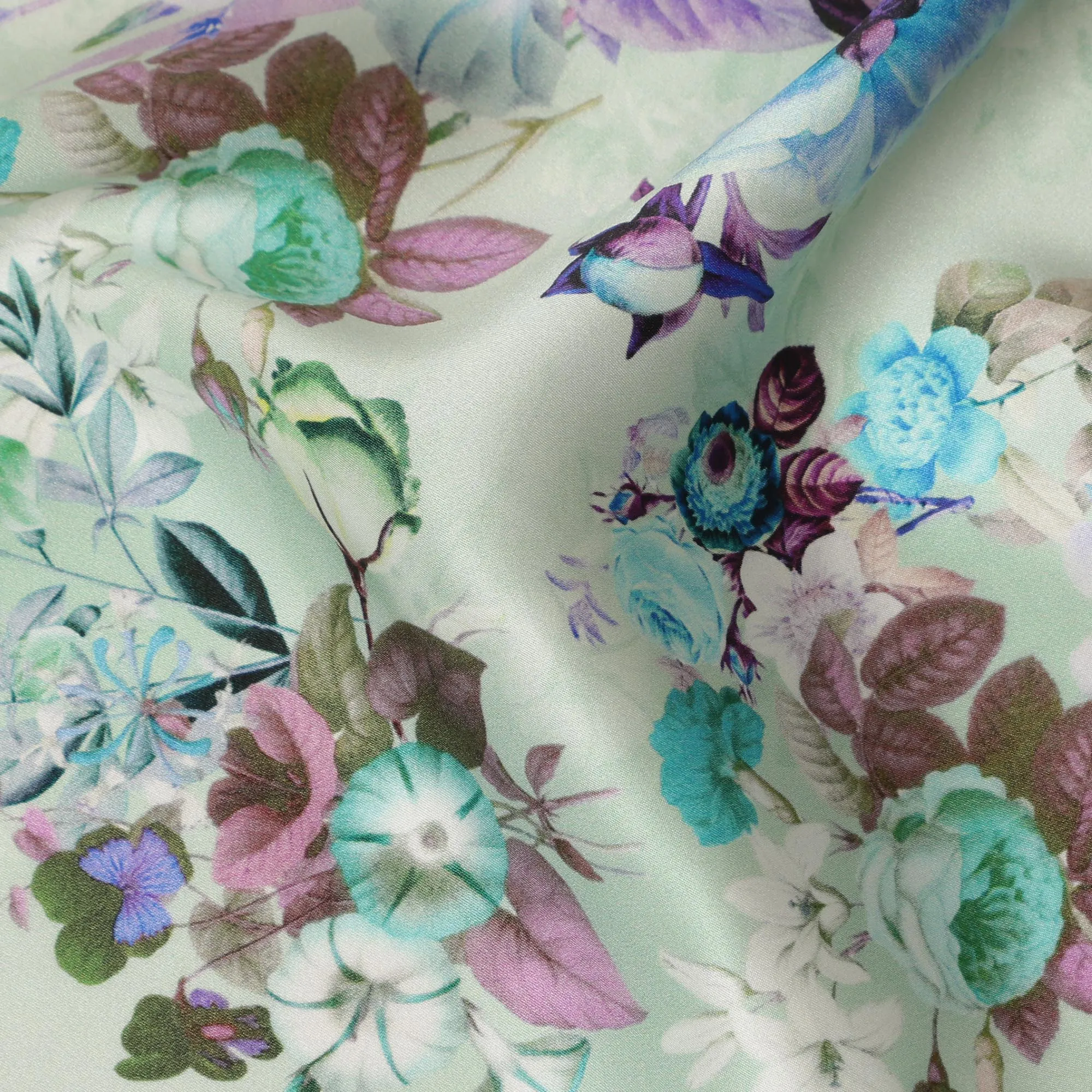 Mint Green Floral Pure Silk Satin Fabric - 140 cm Width, Made in Italy-D20725