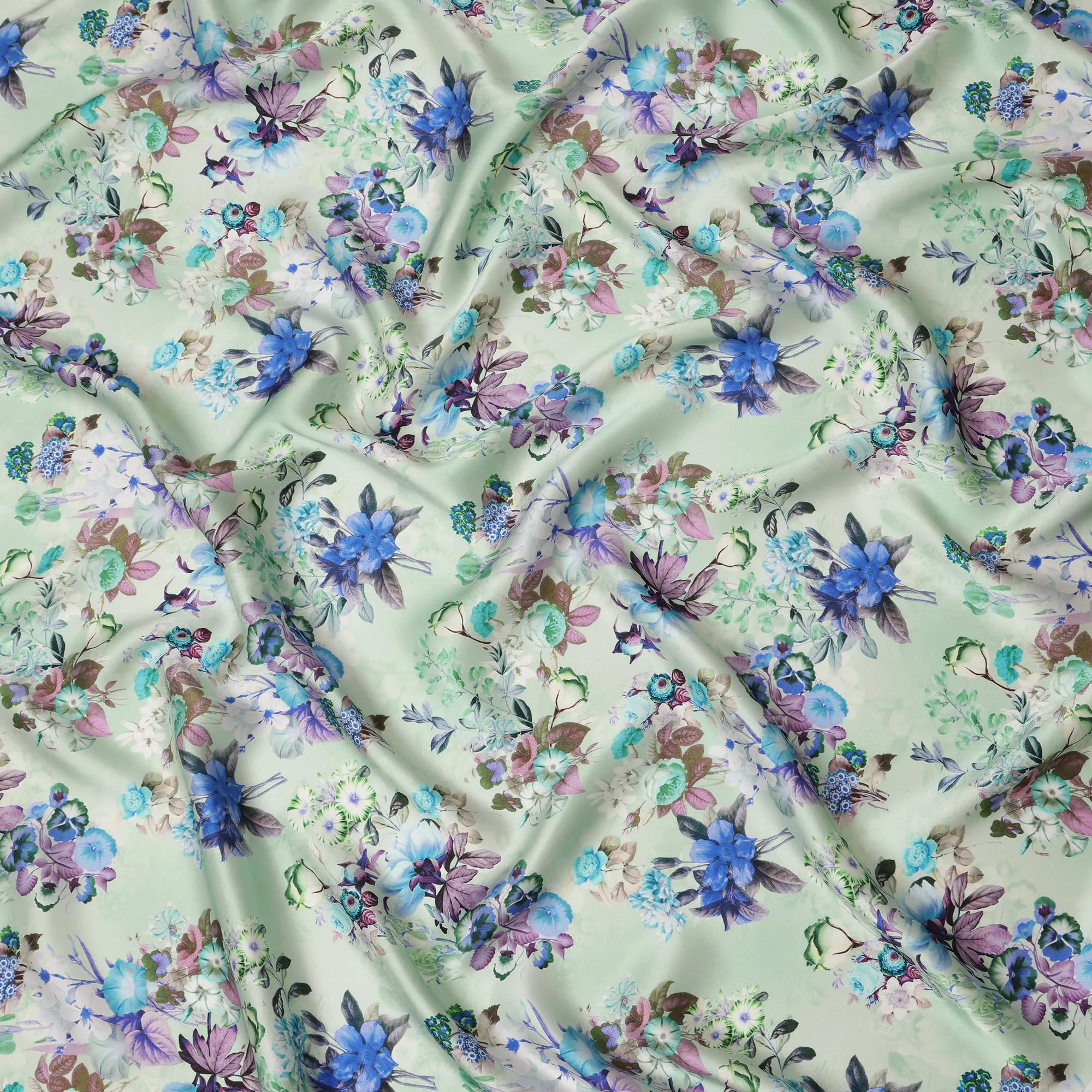 Mint Green Floral Pure Silk Satin Fabric - 140 cm Width, Made in Italy-D20725