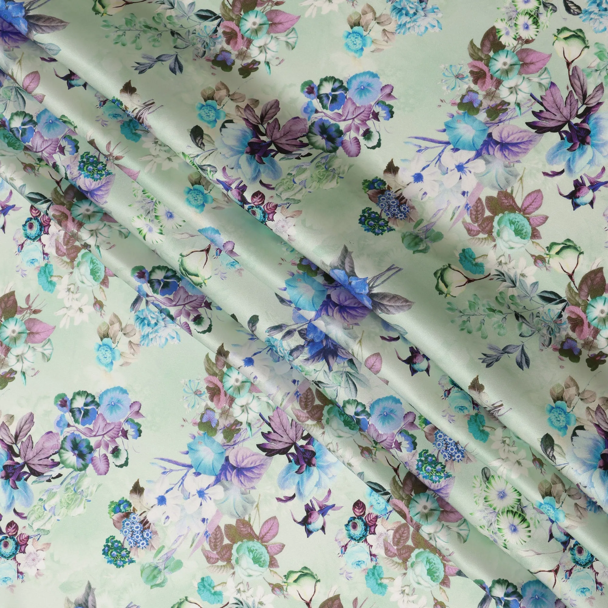 Mint Green Floral Pure Silk Satin Fabric - 140 cm Width, Made in Italy-D20725