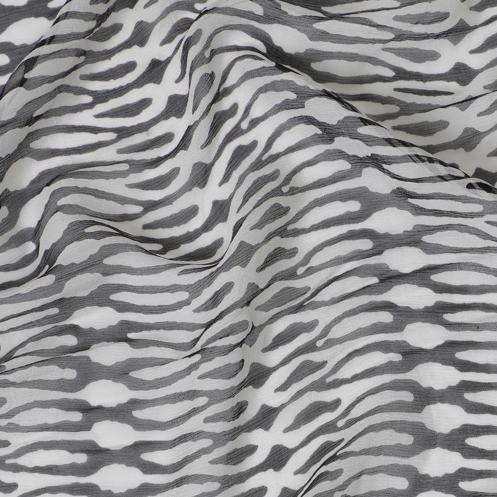 Monochrome Elegance Pure Wrinkle Silk Chiffon Fabric - Contemporary Print, 110cm Width - Buy Online by the Meter-D18051