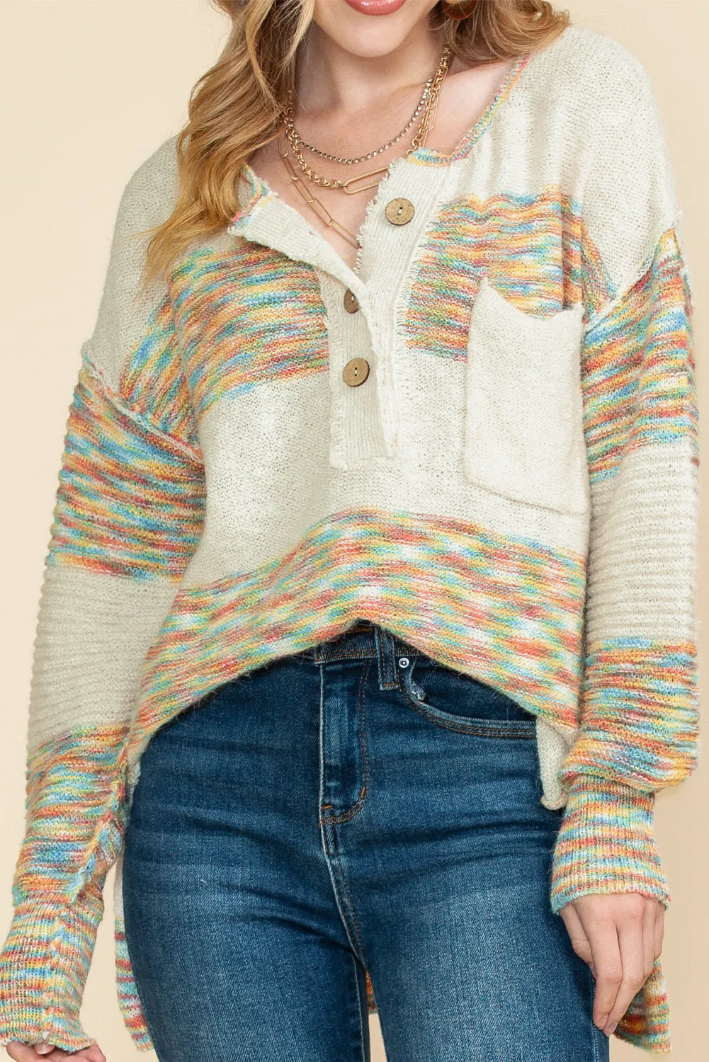 Multicolor Drop Shoulder Long Sleeve Henley Knit Sweater