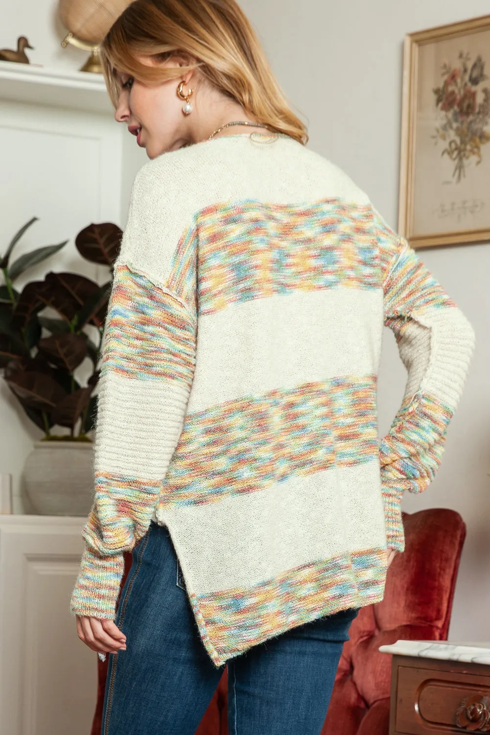 Multicolor Drop Shoulder Long Sleeve Henley Knit Sweater