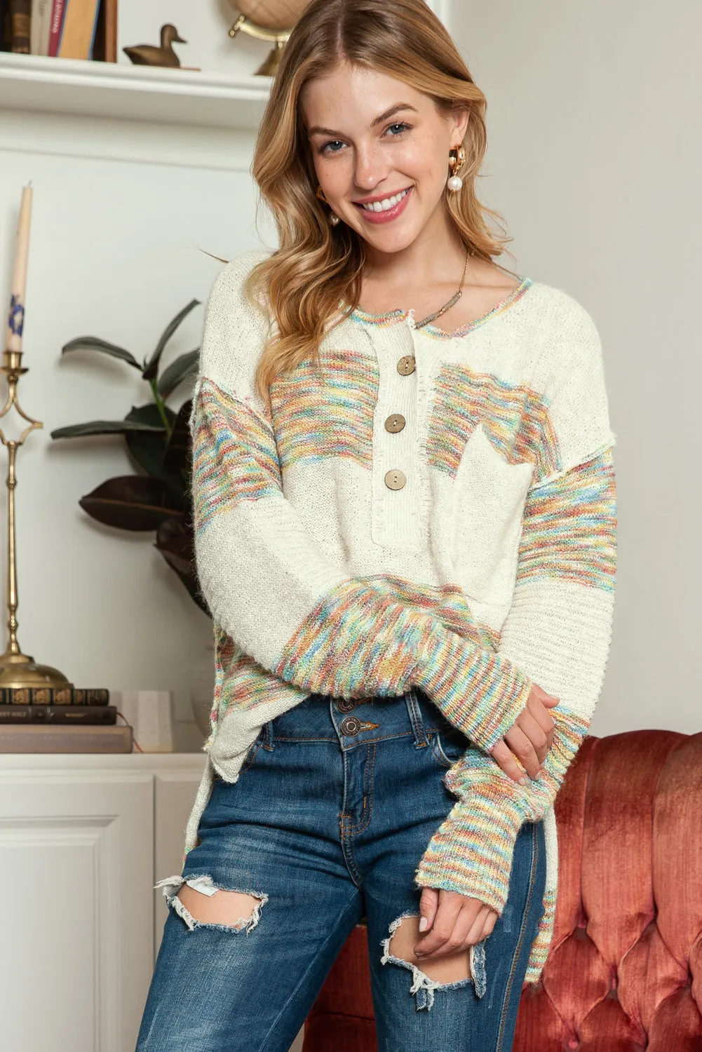 Multicolor Drop Shoulder Long Sleeve Henley Knit Sweater