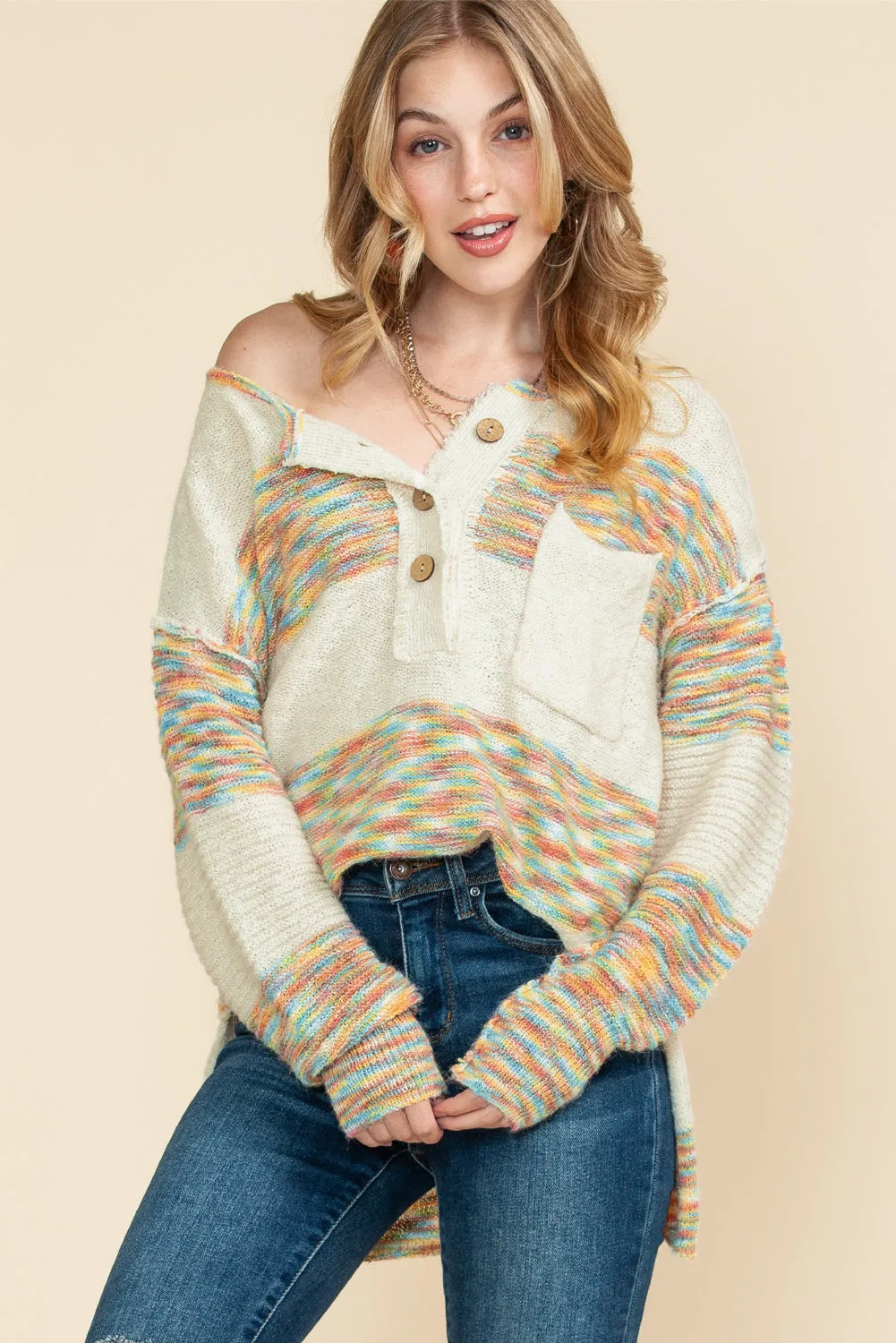 Multicolor Drop Shoulder Long Sleeve Henley Knit Sweater