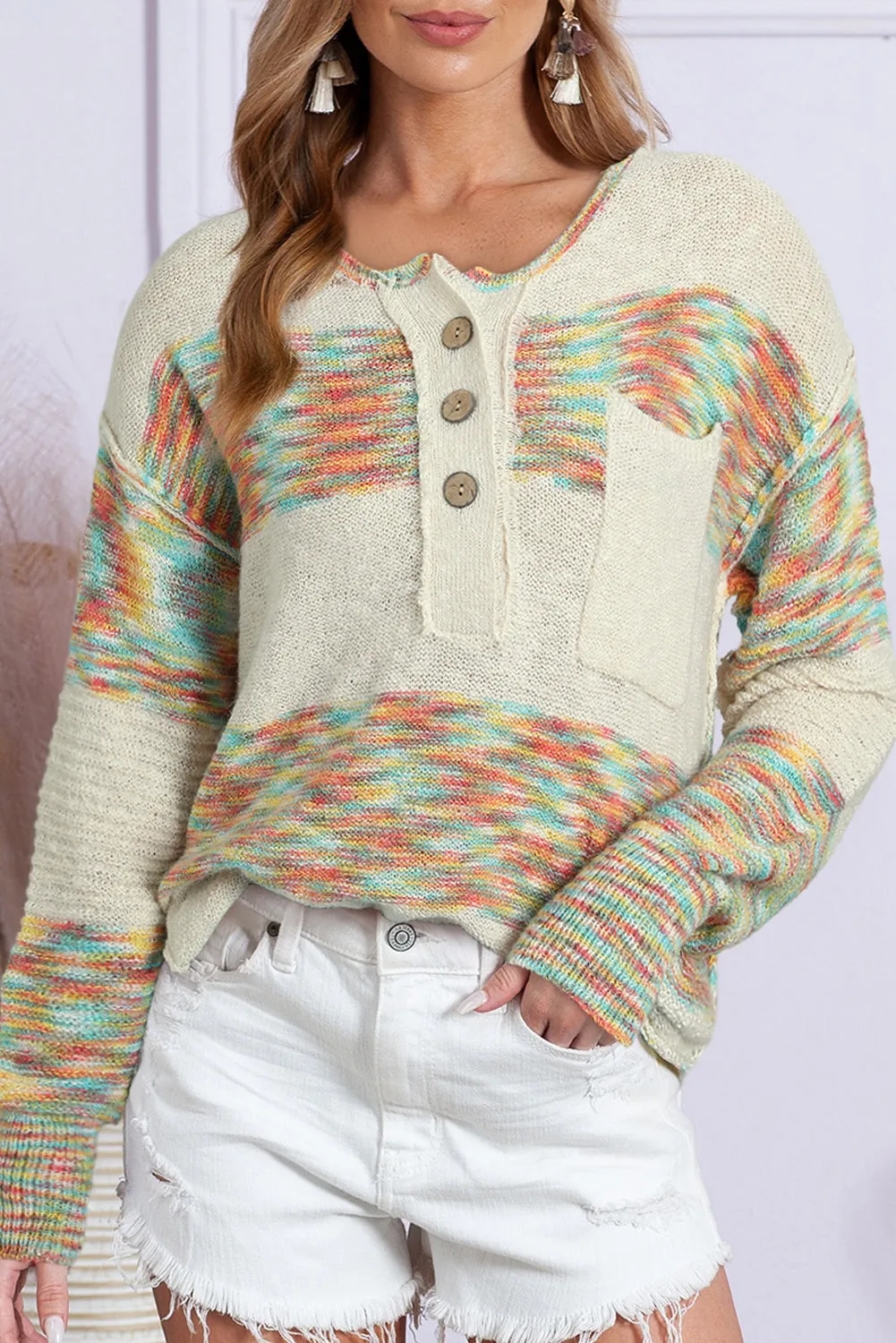 Multicolor Drop Shoulder Long Sleeve Henley Knit Sweater