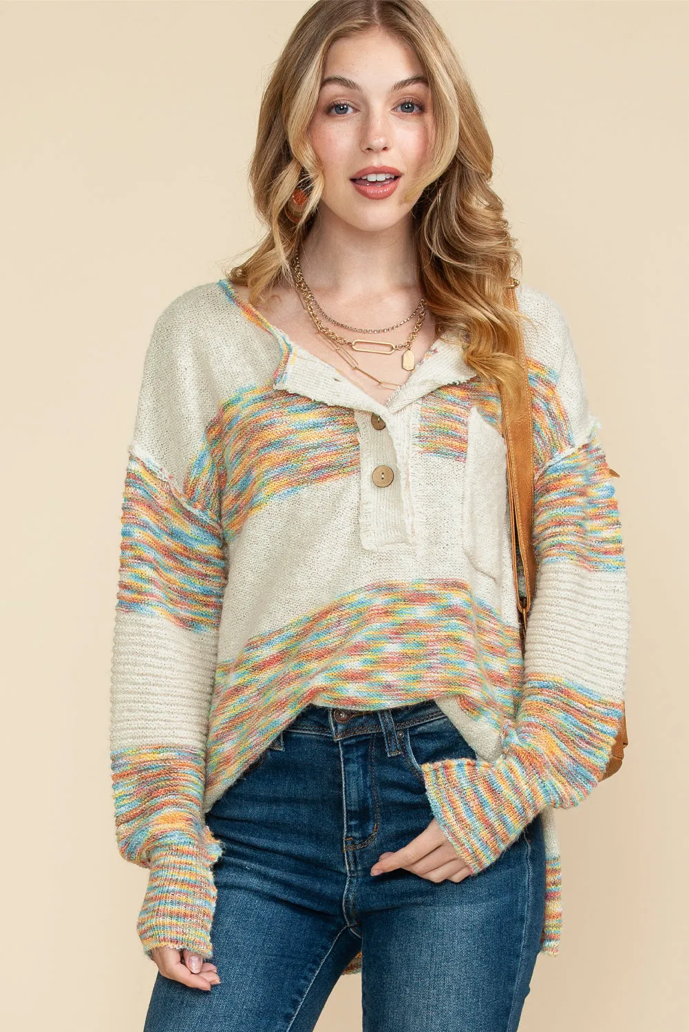 Multicolor Drop Shoulder Long Sleeve Henley Knit Sweater