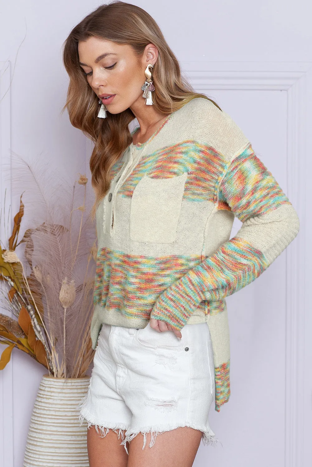 Multicolor Drop Shoulder Long Sleeve Henley Knit Sweater