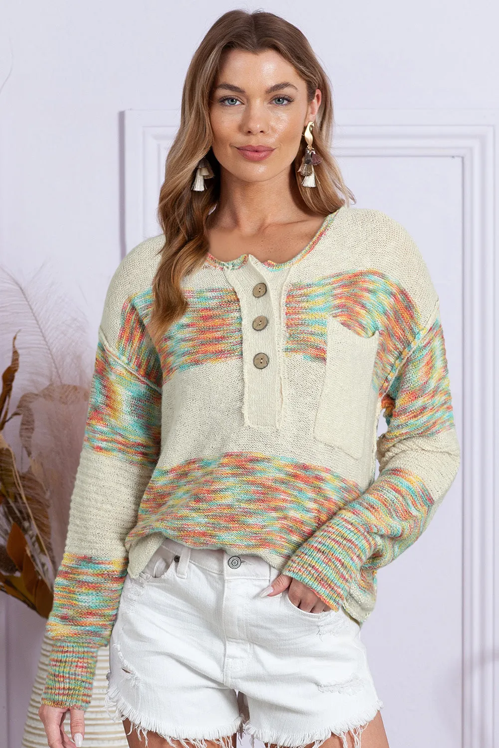 Multicolor Drop Shoulder Long Sleeve Henley Knit Sweater