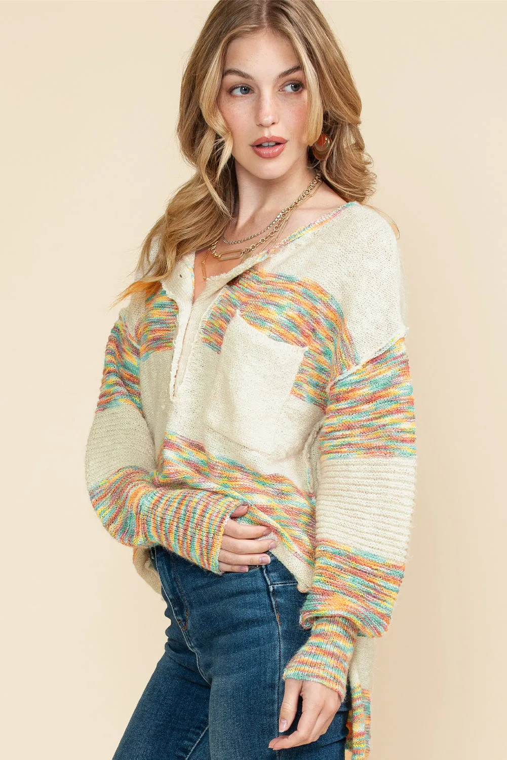 Multicolor Drop Shoulder Long Sleeve Henley Knit Sweater