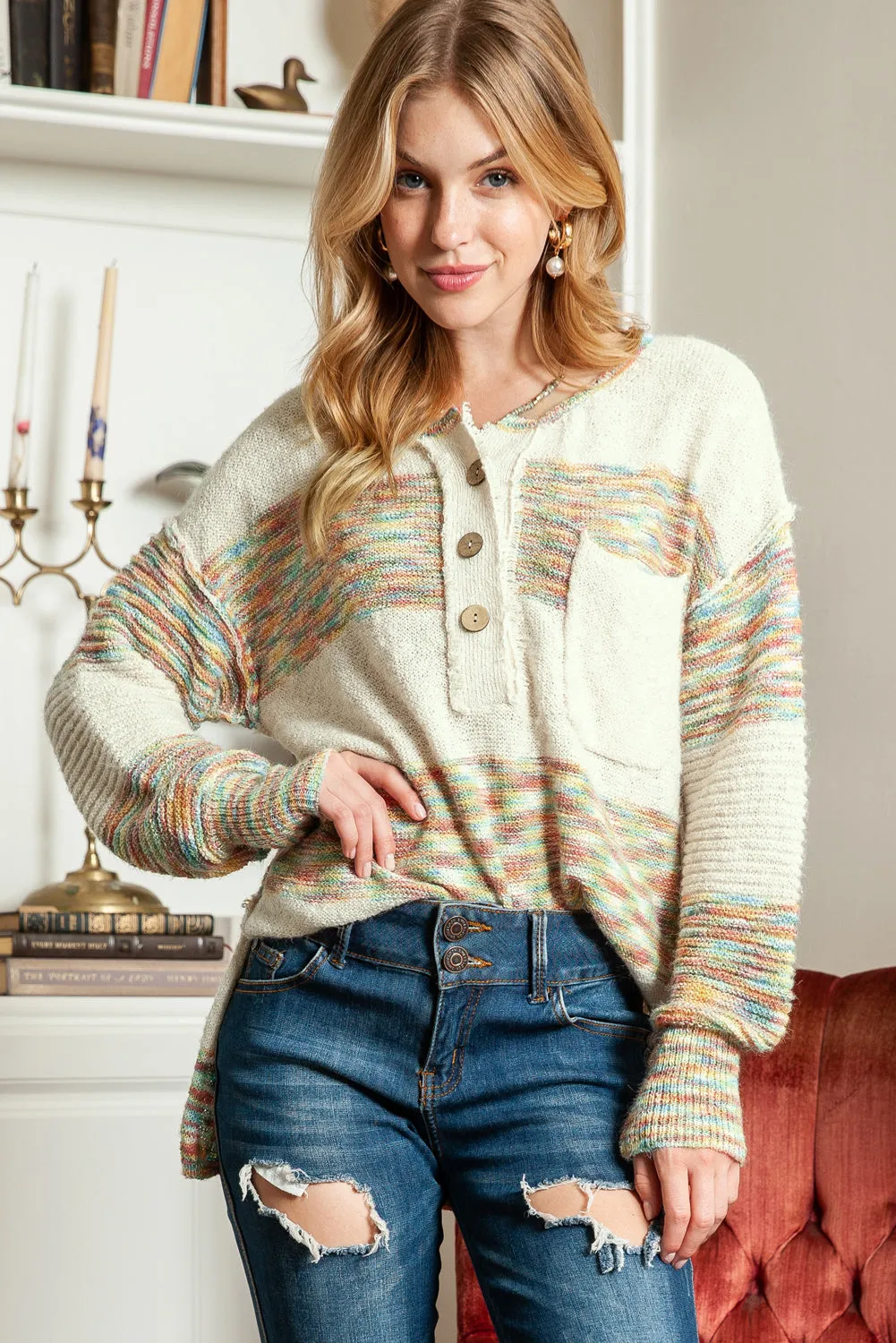 Multicolor Drop Shoulder Long Sleeve Henley Knit Sweater