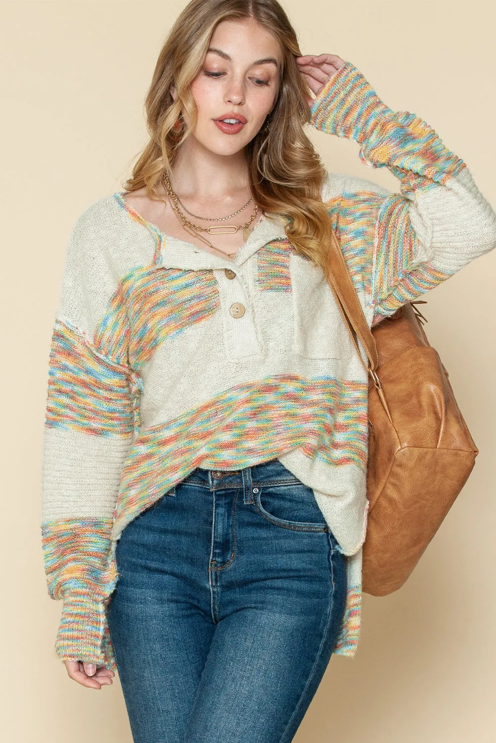 Multicolor Drop Shoulder Long Sleeve Henley Knit Sweater