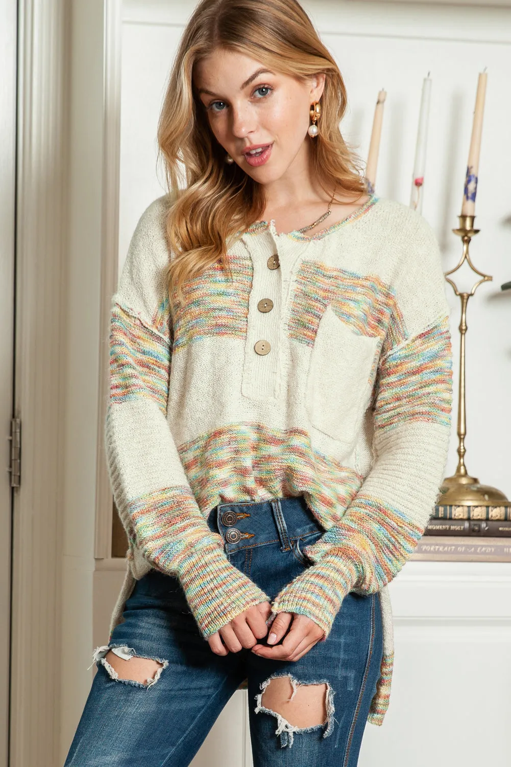 Multicolor Drop Shoulder Long Sleeve Henley Knit Sweater