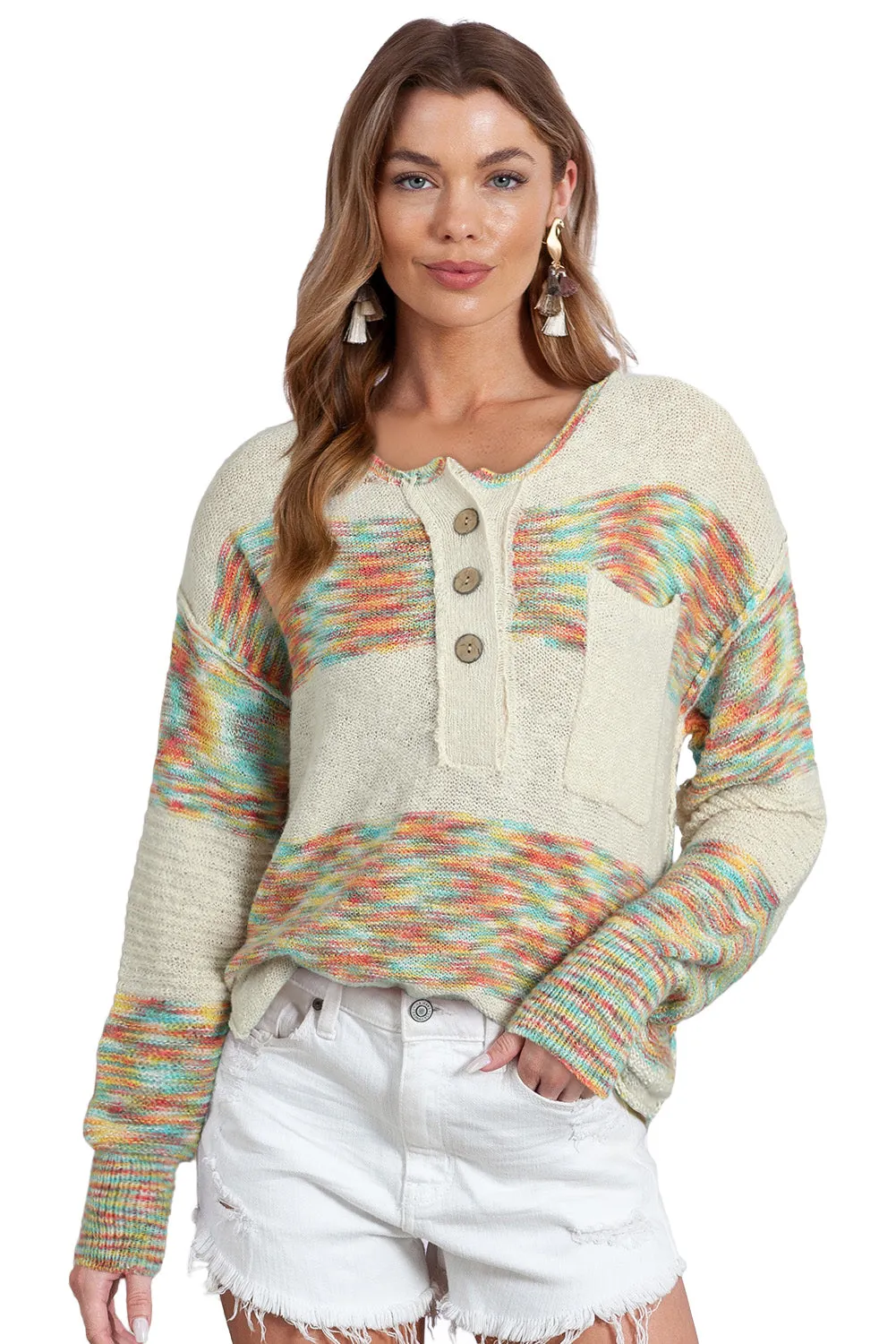 Multicolor Drop Shoulder Long Sleeve Henley Knit Sweater