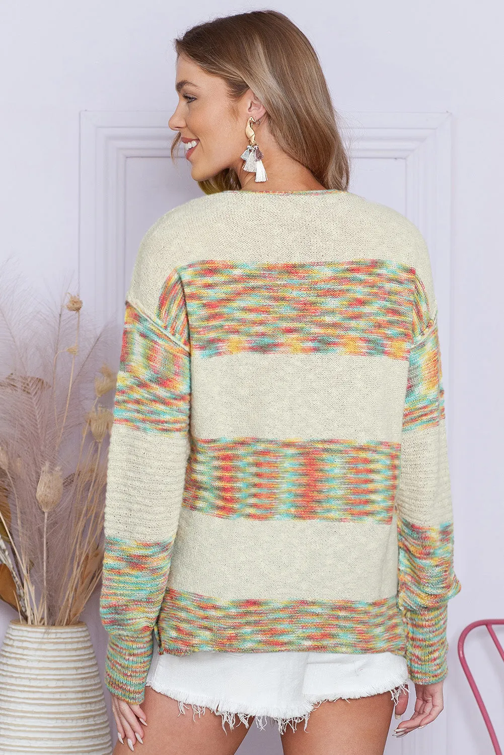 Multicolor Drop Shoulder Long Sleeve Henley Knit Sweater