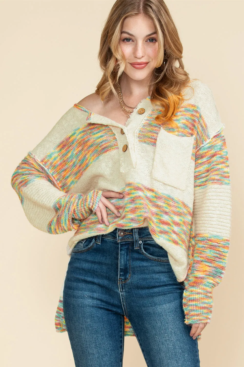 Multicolor Drop Shoulder Long Sleeve Henley Knit Sweater