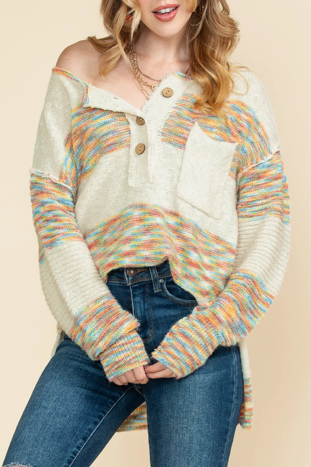 Multicolor Drop Shoulder Long Sleeve Henley Knit Sweater