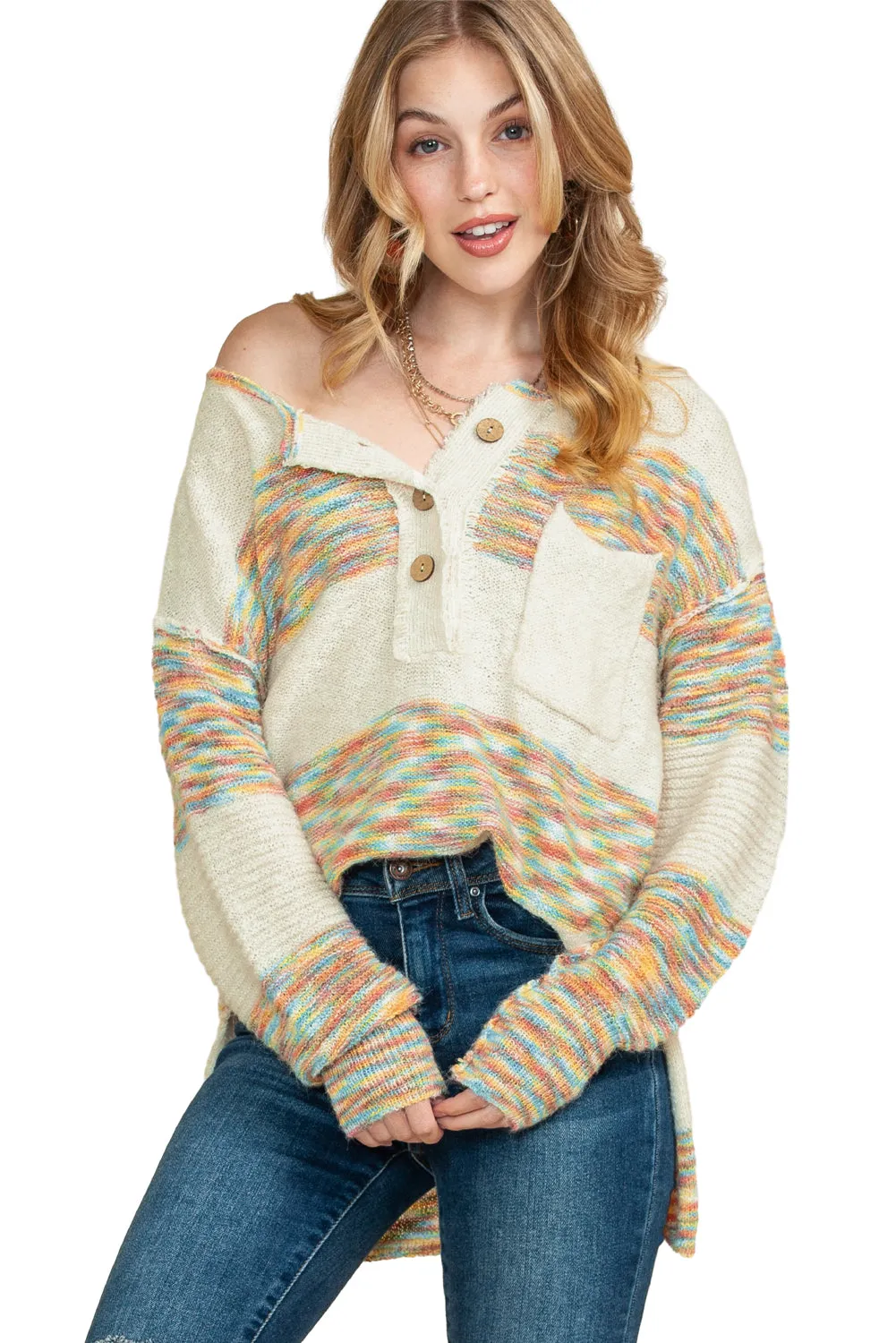 Multicolor Drop Shoulder Long Sleeve Henley Knit Sweater