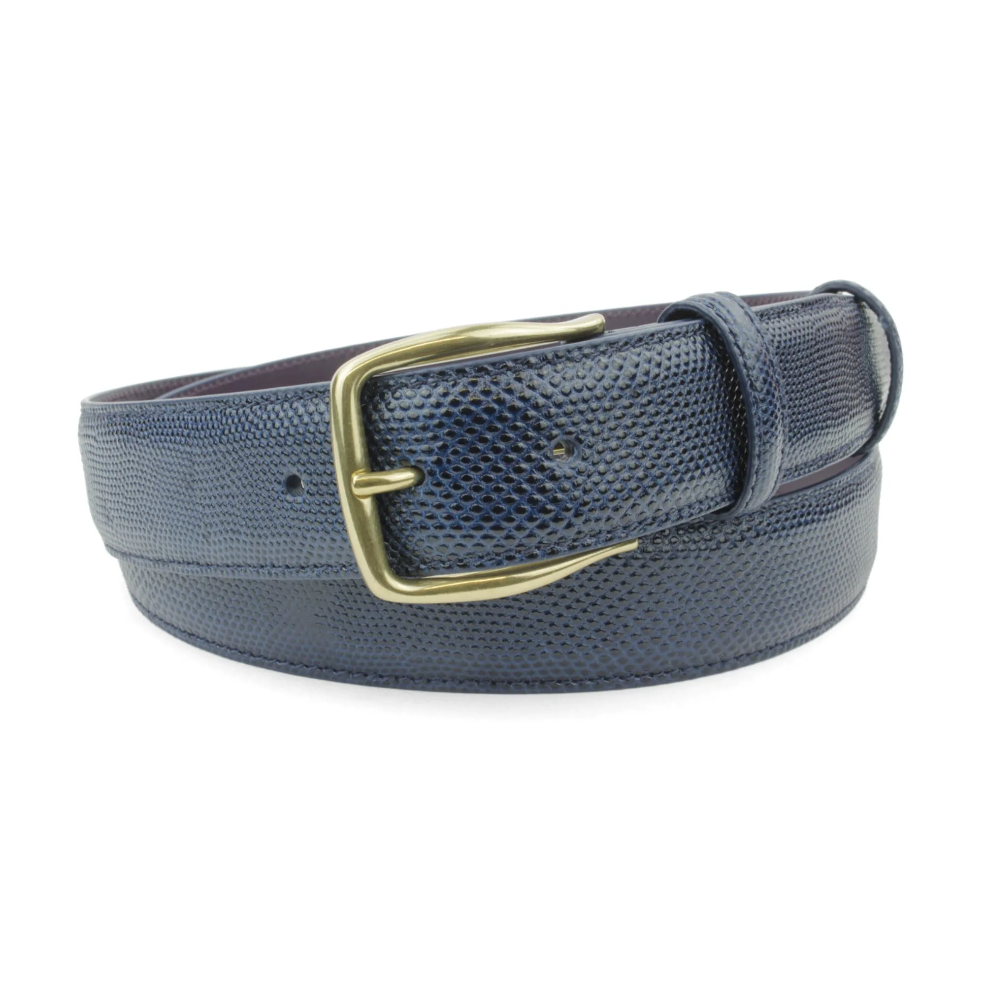 Navy Blue Tone Carung Texture Satin Gold Prong Belt