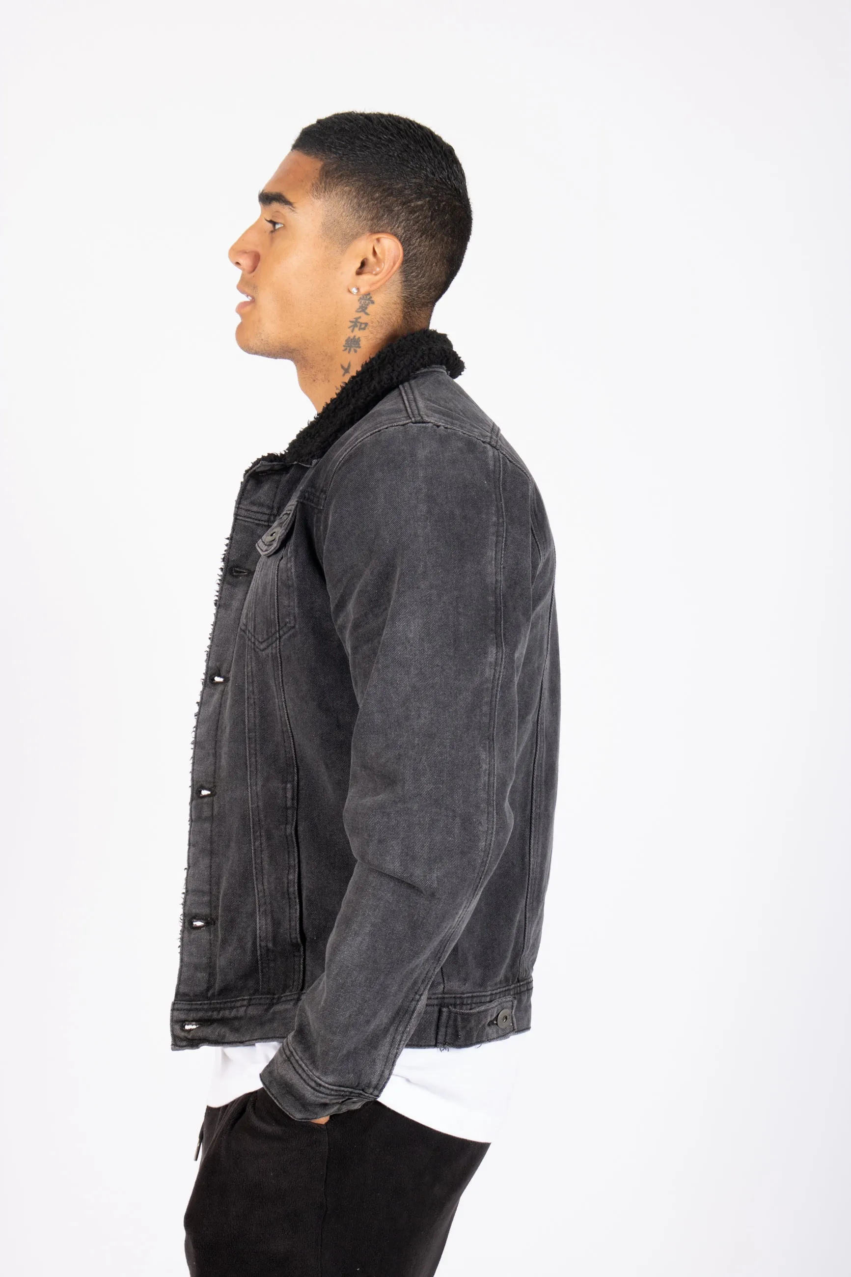 Norton Slim Fit Denim Jacket With Borg Collar In Washed Black