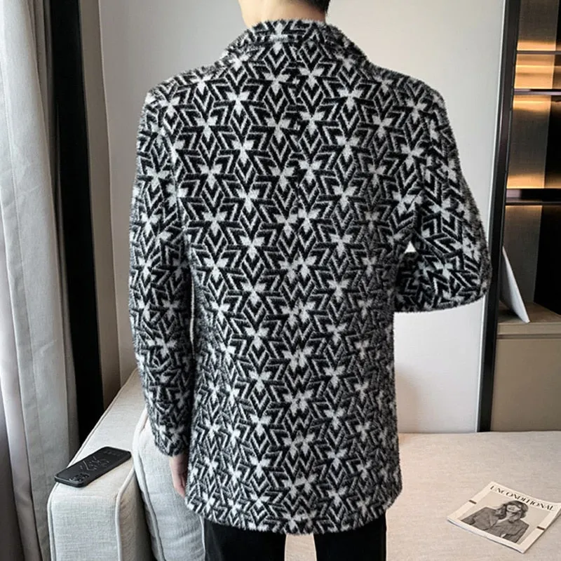 Notch Lapel Geometric Pattern Coat