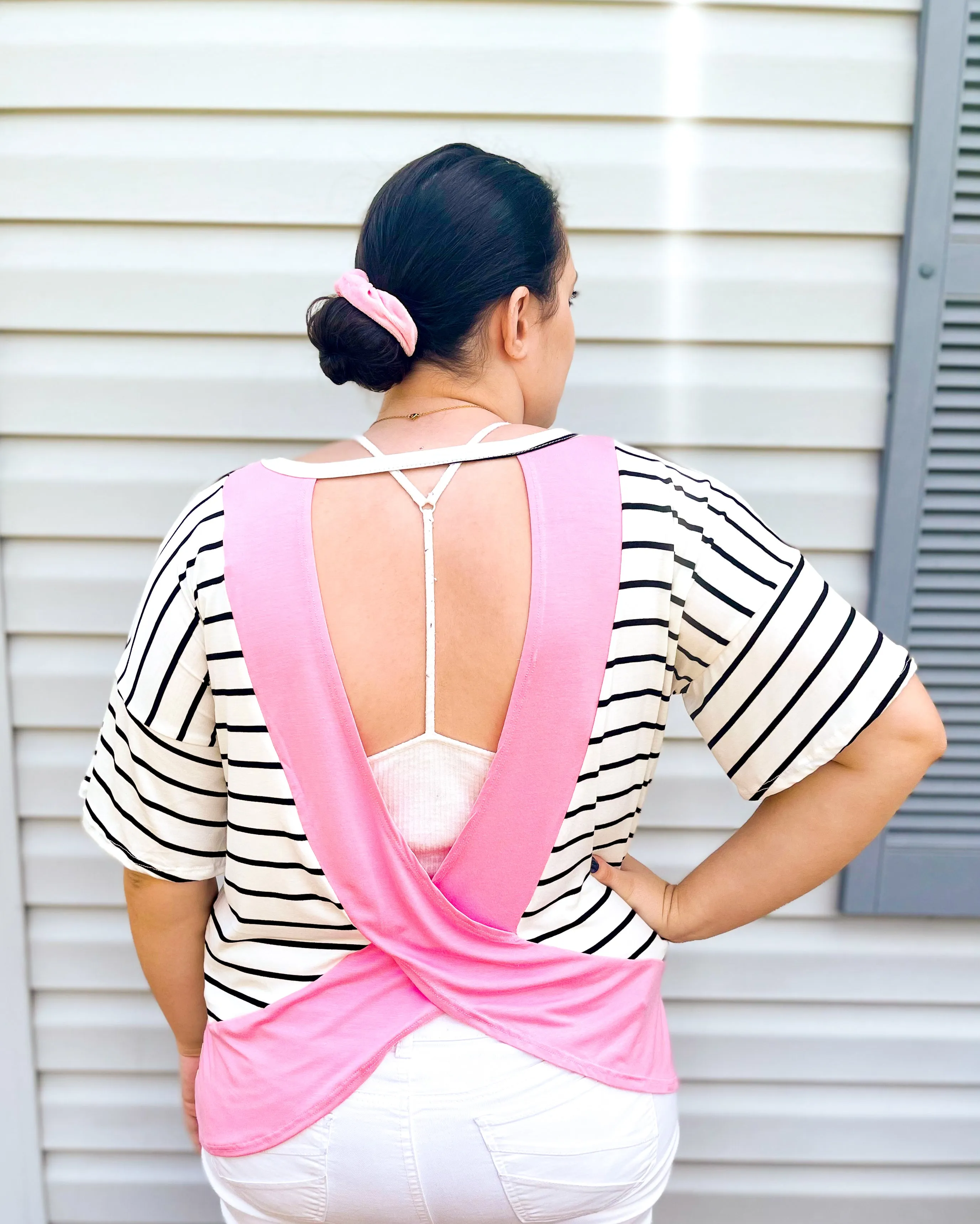 Pop Of Pink Striped Flutter Sleeve  Open-Back Top