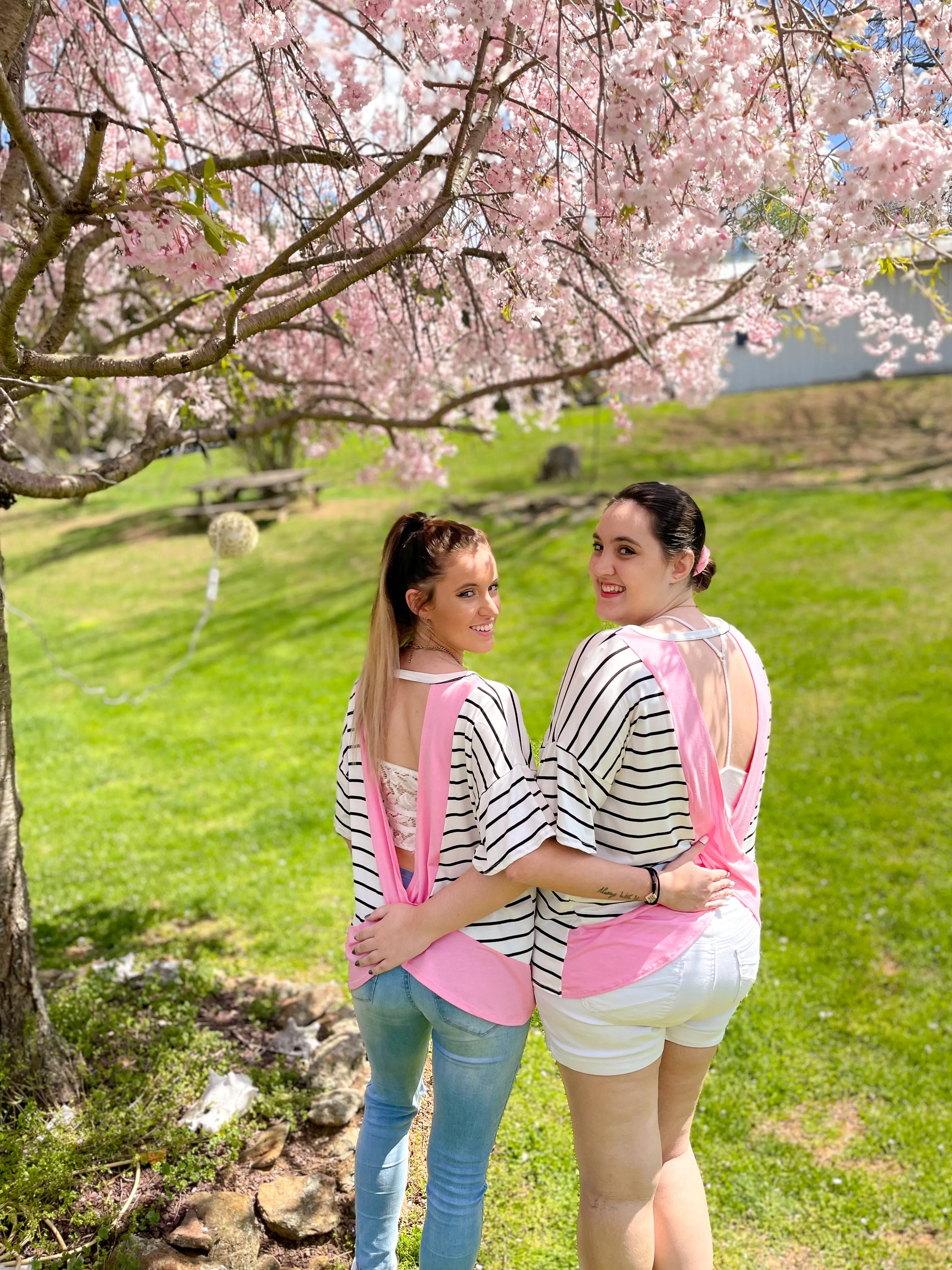 Pop Of Pink Striped Flutter Sleeve  Open-Back Top