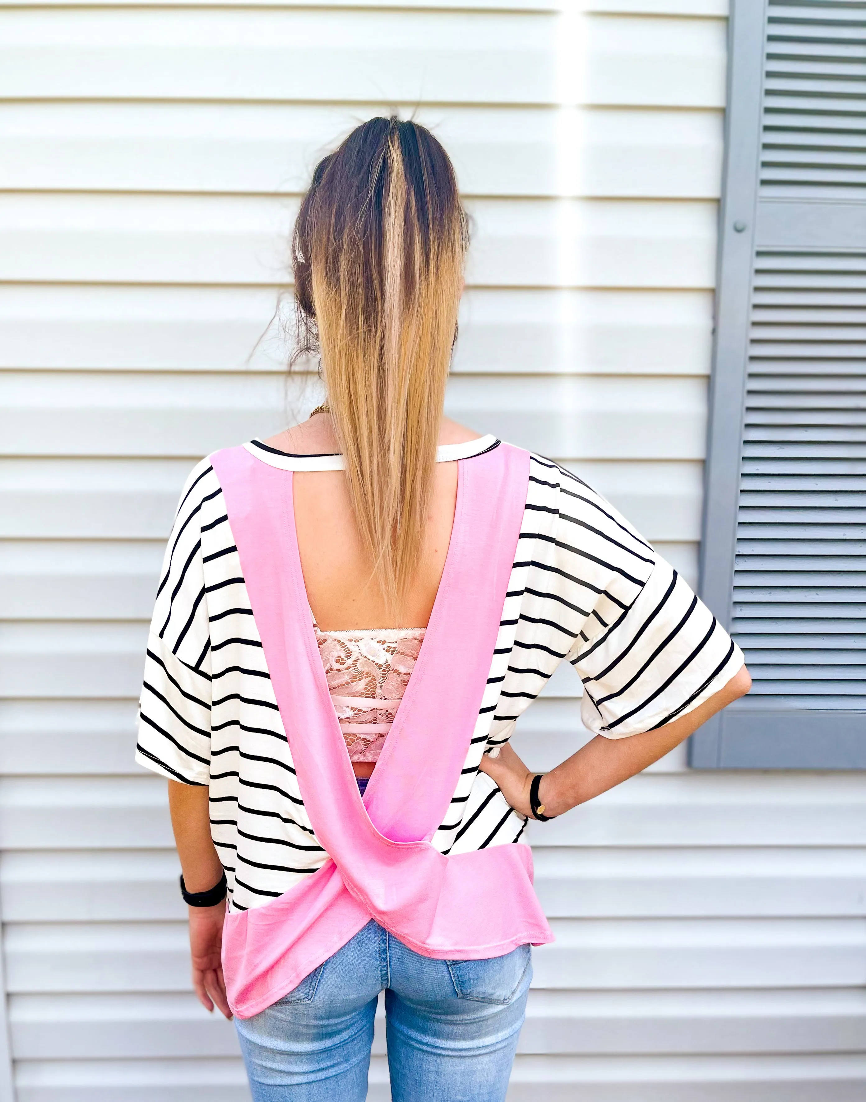 Pop Of Pink Striped Flutter Sleeve  Open-Back Top