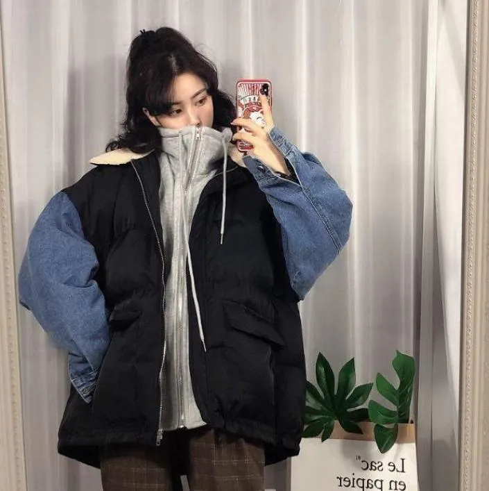 Puff Padded Denim Sleeves Thick Winter Jacket