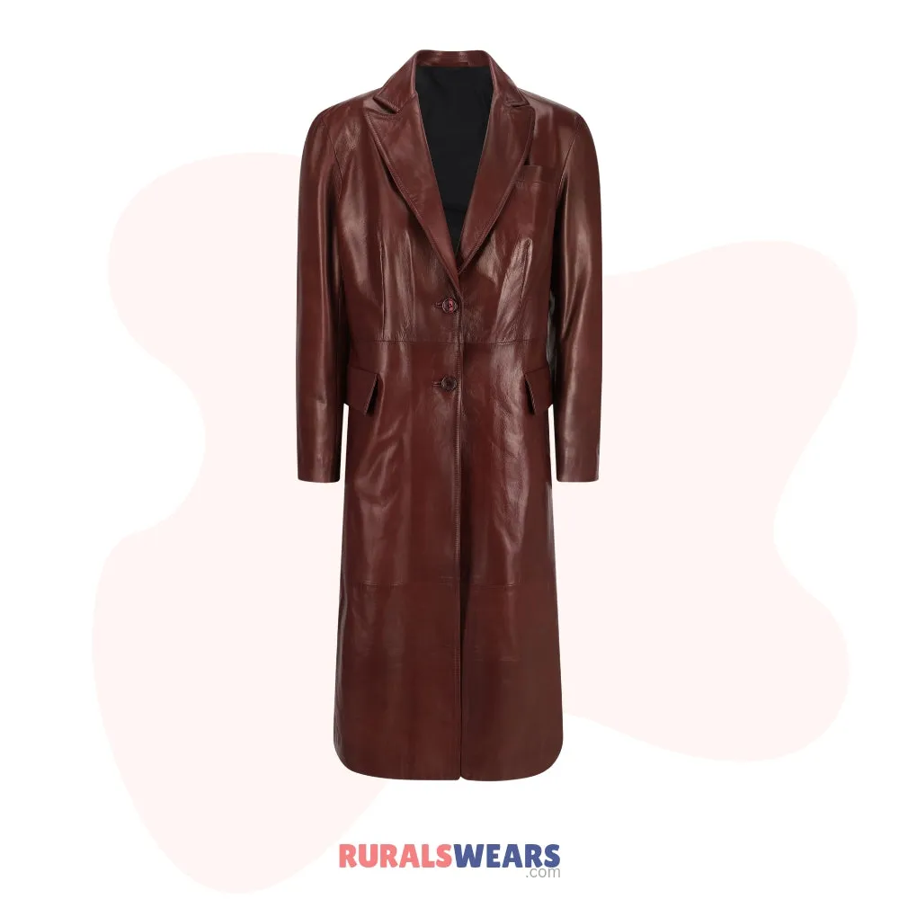 RW Authentic Sheepskin Women's Burgundy Pure Leather Trench Coat Stylish Long Coat