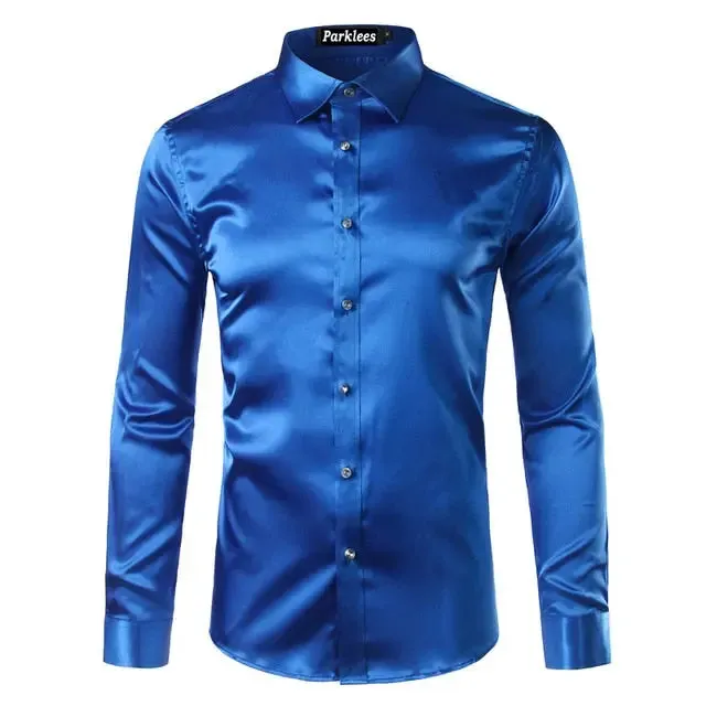 Silk Shirt Men Satin Smooth Men Solid Tuxedo Shirt Business Chemise Homme Casual Slim Fit Shiny Gold Wedding Dress Shirts