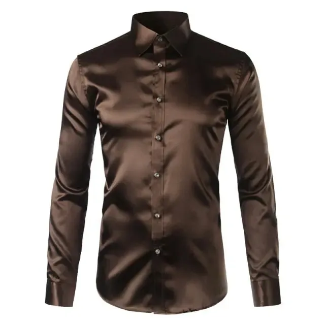 Silk Shirt Men Satin Smooth Men Solid Tuxedo Shirt Business Chemise Homme Casual Slim Fit Shiny Gold Wedding Dress Shirts