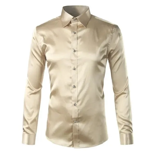 Silk Shirt Men Satin Smooth Men Solid Tuxedo Shirt Business Chemise Homme Casual Slim Fit Shiny Gold Wedding Dress Shirts