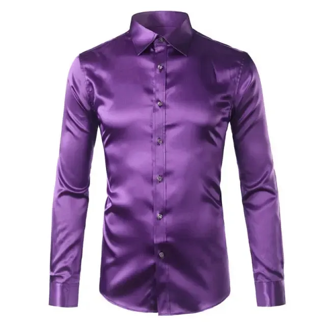 Silk Shirt Men Satin Smooth Men Solid Tuxedo Shirt Business Chemise Homme Casual Slim Fit Shiny Gold Wedding Dress Shirts