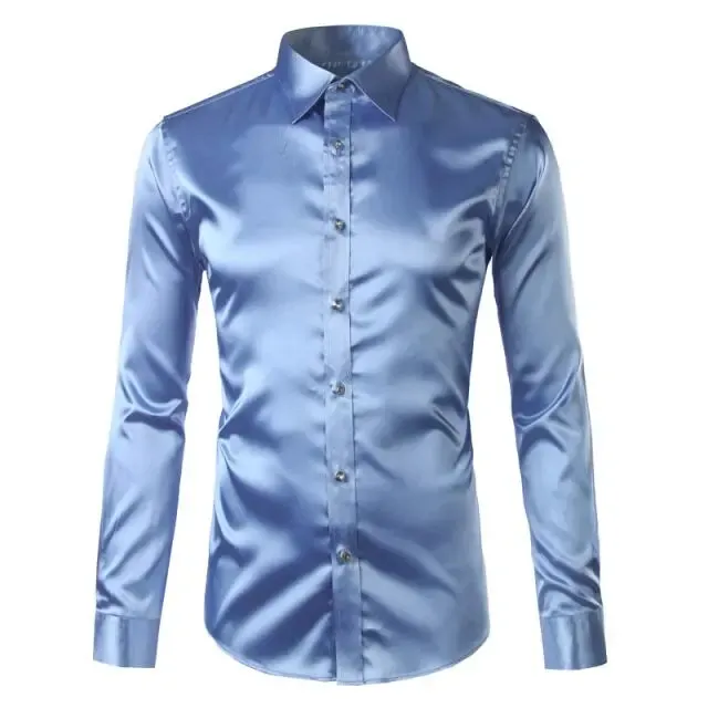 Silk Shirt Men Satin Smooth Men Solid Tuxedo Shirt Business Chemise Homme Casual Slim Fit Shiny Gold Wedding Dress Shirts