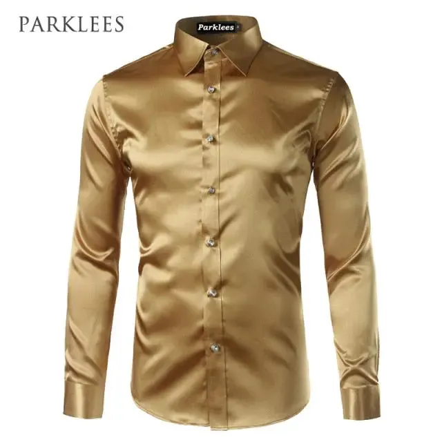 Silk Shirt Men Satin Smooth Men Solid Tuxedo Shirt Business Chemise Homme Casual Slim Fit Shiny Gold Wedding Dress Shirts