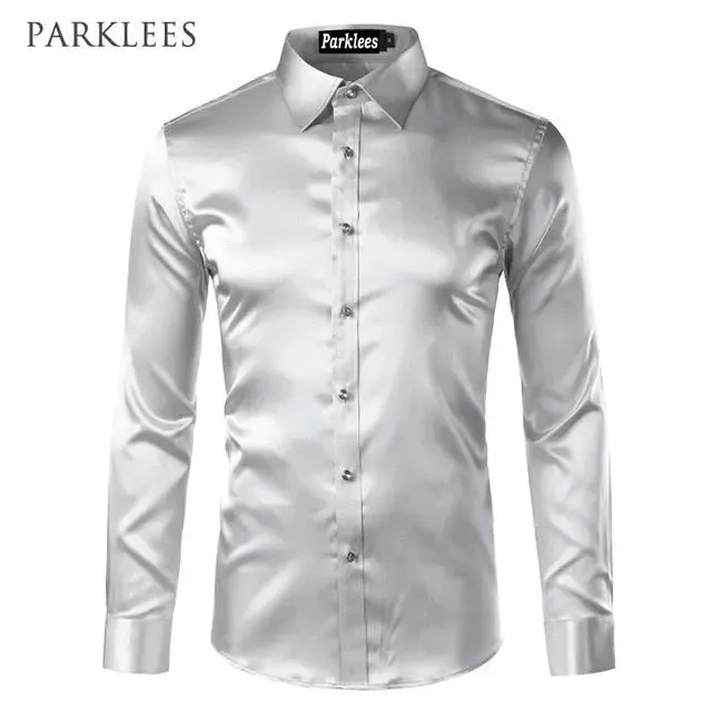 Silk Shirt Men Satin Smooth Men Solid Tuxedo Shirt Business Chemise Homme Casual Slim Fit Shiny Gold Wedding Dress Shirts