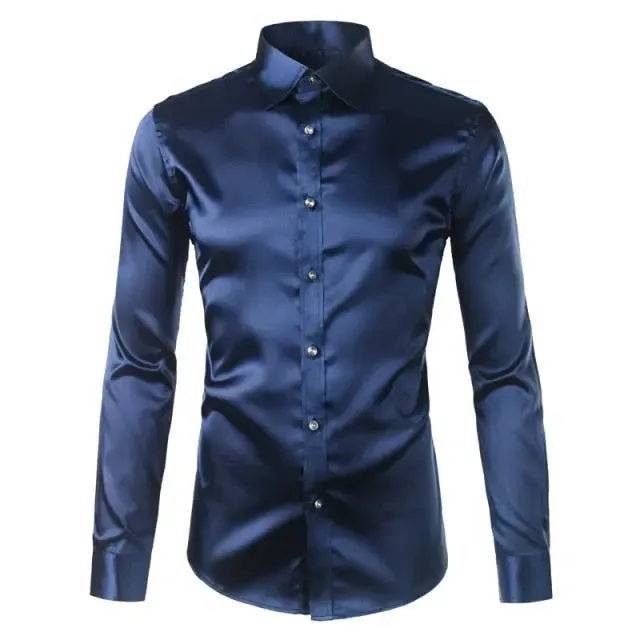 Silk Shirt Men Satin Smooth Men Solid Tuxedo Shirt Business Chemise Homme Casual Slim Fit Shiny Gold Wedding Dress Shirts