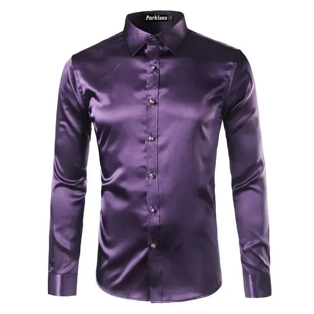 Silk Shirt Men Satin Smooth Men Solid Tuxedo Shirt Business Chemise Homme Casual Slim Fit Shiny Gold Wedding Dress Shirts